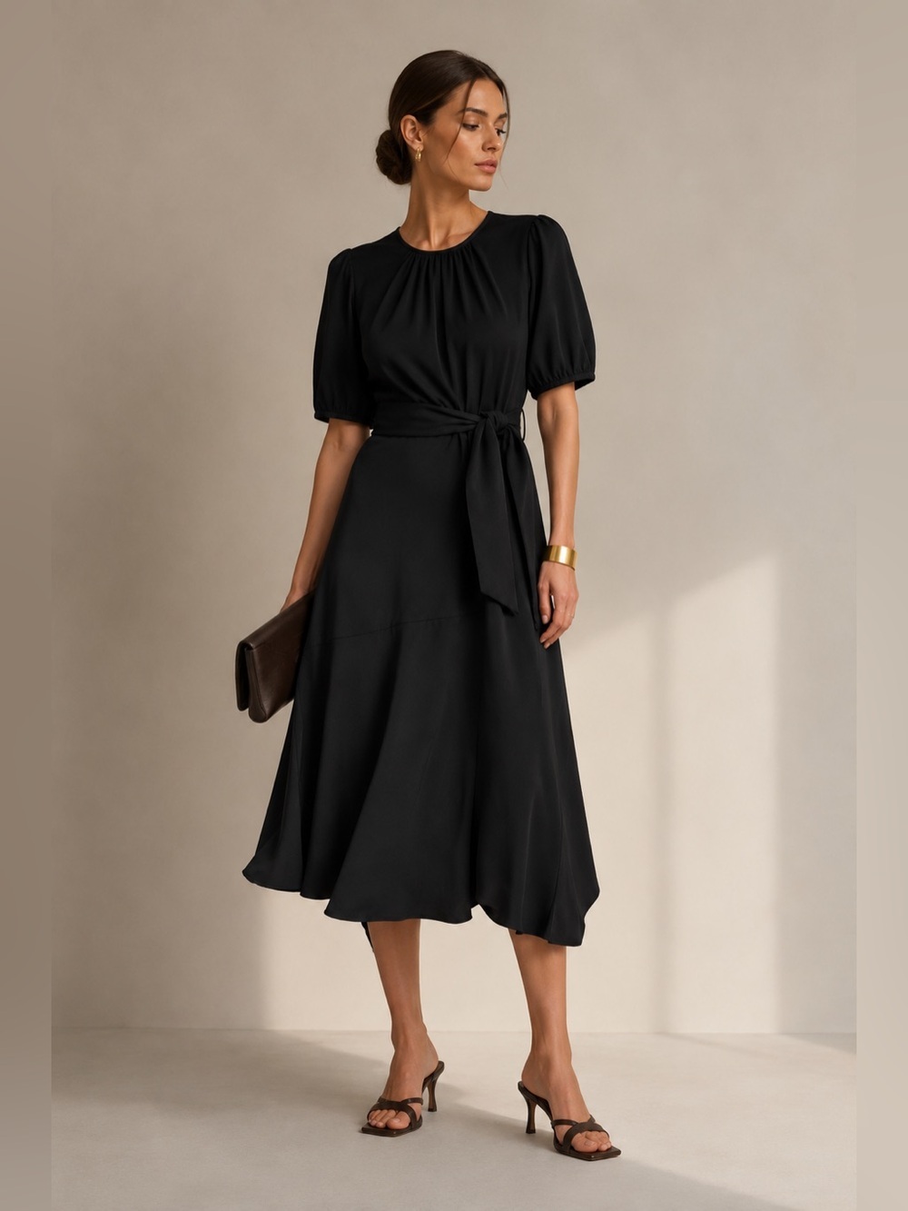 Donna Karan Black Jersey Tie Waist Midi Dress NWOT Minimalist. Size 8.